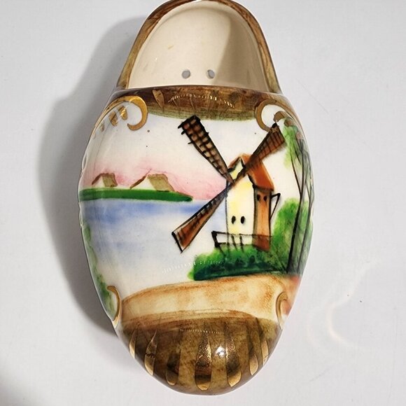 Hand Painted Ceramic Dutch Clog Whindmill Planter Shoe Brown Gold Vintage Japan - Picture 7 of 10